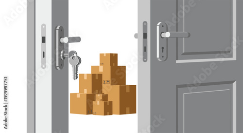 A set of silver keys hangs from the lock of an open grey door with cardboard boxes visible in the background.
