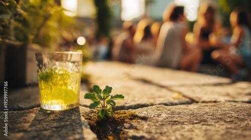 outdoor gathering with refreshing drink and small plant on stone patio with blurred people celebrating life and togetherness.