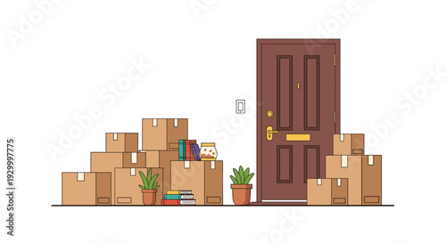 Numerous cardboard boxes are stacked next to a brown front door alongside green potted plants and books in a moving day scene.
