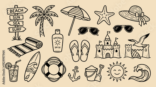 Beach vacation icons and symbols illustration