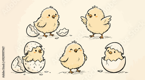 Cute cartoon chicks in various stages of hatching from eggs