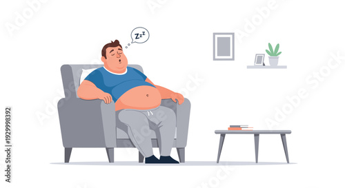 A large man in a blue t-shirt and grey sweatpants sleeps in a grey armchair next to a small table with books and a plant in a living room.