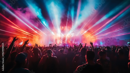 Energetic concert crowd enjoying colorful stage lighting and atmosphere