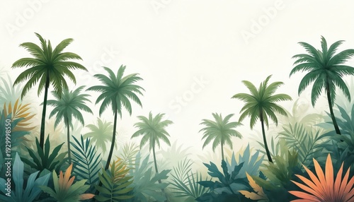 Tropical jungle panorama with diverse palm trees, foliage in muted green, teal tones. Misty atmosphere suggests serene exotic environment. Background soft ivory, ideal for overlay text. Scene evokes