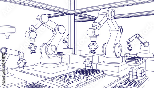 Robotic Arms Working in Automated Factory Industrial Automation Concept Clean Outline Vector Line Art Thin Black Stroke Editable Paths Manufacturing Robot Arm