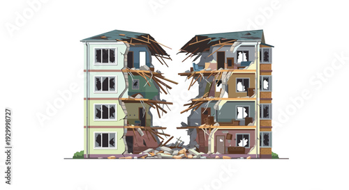 A four-story residential apartment building is shown split in half with visible interior rooms and debris following a structural failure.