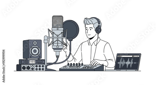 A man wearing headphones operates a sound mixer and laptop while recording a podcast into a professional studio microphone in line art.
