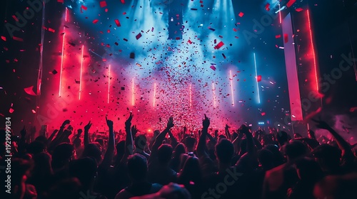 Energetic crowd celebrating at a concert with vibrant stage lighting and confetti