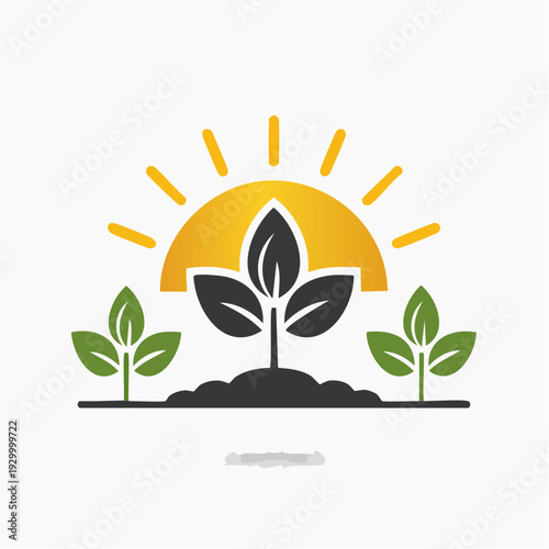 Vibrant graphic illustration of thriving plants bathed in warm sunrise, symbolizing natural growth, sustainability, and the promising beginnings of a new agricultural cycle