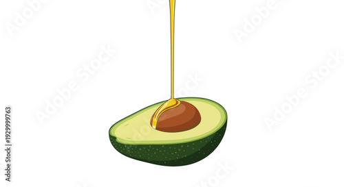Golden yellow oil pours in a stream onto the brown pit of a sliced green avocado half isolated on a white background.