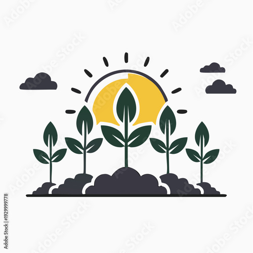 Growing plants with sunlight and clouds, symbolizing growth and nature's cycle