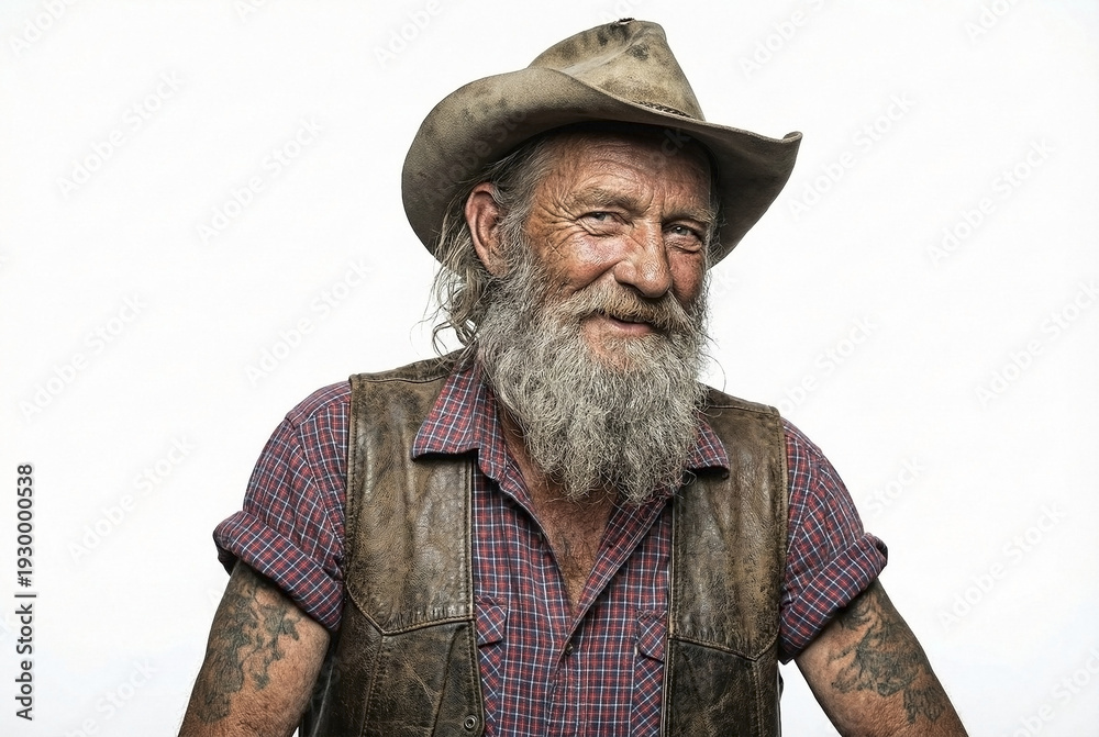 Fototapeta premium Charismatic Portrait of Mature Smiling Man with Long Grey Beard Wearing Weathered Cowboy Hat and Leather Vest with Tattoos