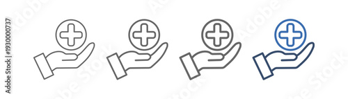 
outline icon set treatment with hand, circle and plus sign design