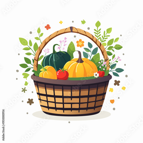 Illustration of an autumn harvest basket. Contains colorful pumpkins, gourds, and fresh produce with green leaves and small flowers, representing seasonal bounty and fall abundance