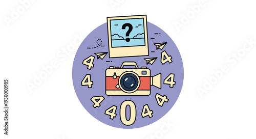 Camping illustration with 404 error message in a circular frame, featuring tents and trees at dusk