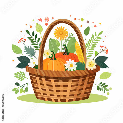 Harvest bounty in a woven basket brimming with pumpkins, corn, and vibrant autumn foliage, celebrating the spirit of Thanksgiving and fall festivity
