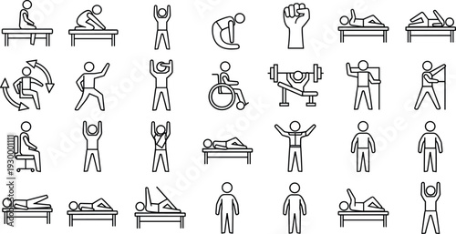 physiotherapy rehabilitation exercise icon set, physical therapy movements, medical recovery training, wellness fitness therapy poses outline vector illustration collection
