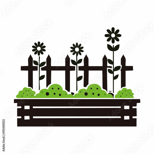 A charming illustration of a wooden garden fence adorned with blooming flowers and lush green bushes, evoking a sense of idyllic nature and outdoor beauty