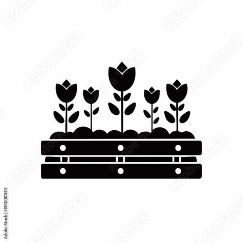 Simple black and white illustration of a flower bed with tulips in a wooden planter box