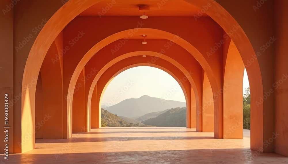 Fototapeta premium Orange arched walkway leads toward misty hills, creating depth perspective. Geometric building structure offers tranquil serene scene. Sunlit passage with shadow patterns on floor.
