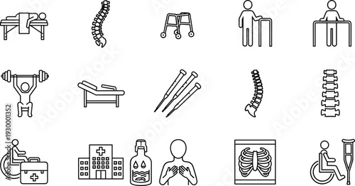 physiotherapy rehabilitation medical line icons set, spine therapy mobility aids healthcare equipment vector outline collection for clinic recovery design pack