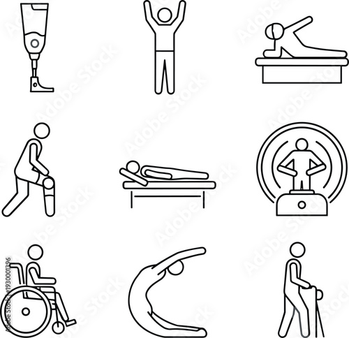 rehabilitation therapy outline icons, physiotherapy recovery symbols with prosthetic leg wheelchair exercise balance training medical rehabilitation vector line icon set