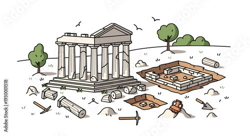 An archaeological excavation site shows a ruined ancient temple with white columns and digging tools on a grassy field.