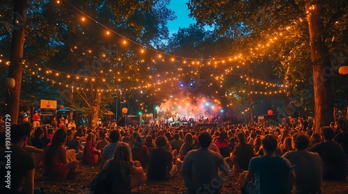 Evening outdoor event with string lights and crowd festive atmosphere