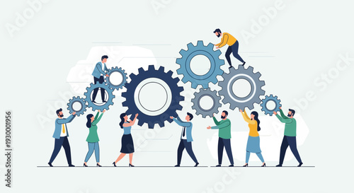Professionals Collaborating in a Business Vector Illustration of Interconnected Gears and Team Members Working Together