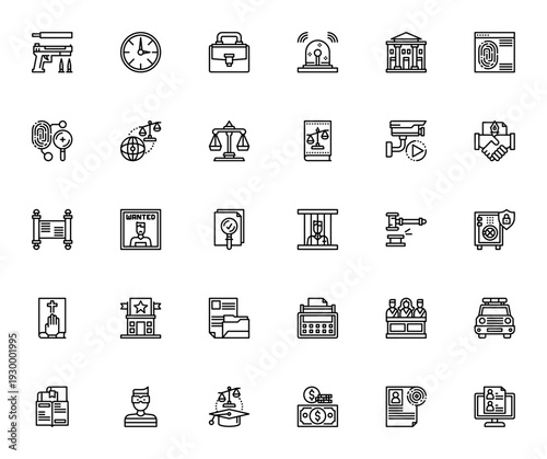 Law and Justice icon set. Vector illustration pack featuring gun, time, suitcase, siren, court, fingerprint, investigation, law, balance, book and more.