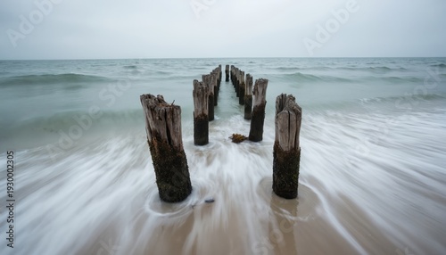 Weathered wooden pier posts stand in choppy sea water against a cloudy sky. Ocean waves create a milky effect on the sandy shore, showing remnants of old structure.