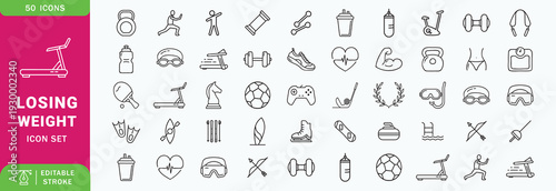 Losing Weight icon set. Contain icons related to Diet, weight loss, nutrition, and more. Editable stroke. Vector illustration