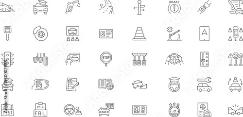 Driving School icon set. Driving School outline icons collection.Cars, Traffic, Education, and Transportation.