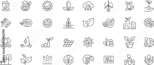 Eco-friendly symbols highlighting carbon offset, recycling, and renewable energy icon set.