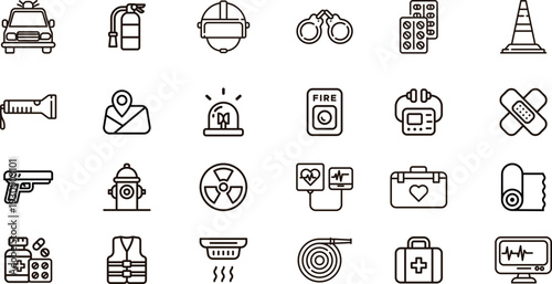 Emergency medical services minimal outline icons with editable stroke. Ambulance, fire safety, first aid, disaster alerts, rescue equipment, emergency services symbols