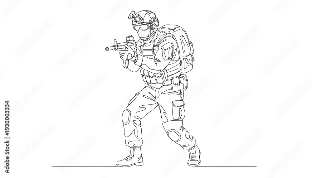 Fototapeta premium Soldier in tactical gear holding rifle in combat stance