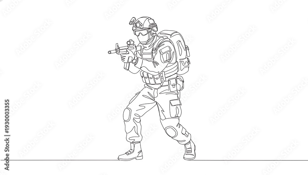 Obraz premium Soldier in tactical gear aiming rifle in dynamic stance