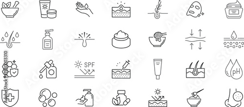 Skin care line icons set.Containing Moisture cream, acid, anti wrinkle serum, ceramide, collagen, retinol compound, sunscreen, and more. Outline Icon Collection. Editable stroke. Vector illustration