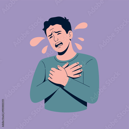 Distressed man clutches his chest in sorrow while teardrop shapes float around him in distress.