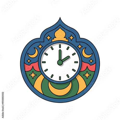 Ornate clock face displays two o'clock within an Islamic architectural frame at night.