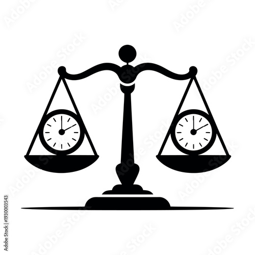 Scales of justice visually balance two clock faces, symbolizing time management.