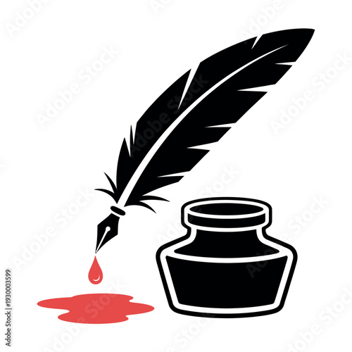 Quill pen drips red ink beside a small inkwell, symbolizing classic writing and literature.