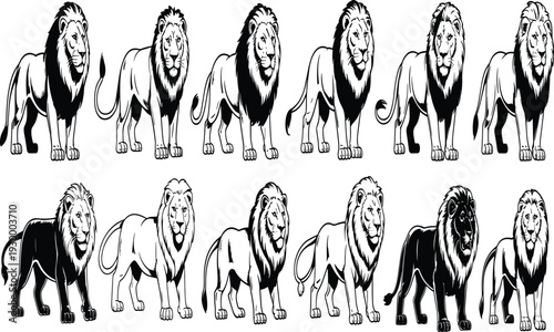 "Black and white illustrated lion icons in multiple shading variations, arranged in rows, representing animal silhouettes, wildlife design, pattern recognition, and creative illustration set"