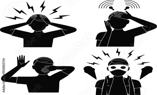 Black and white silhouette illustrations depicting sensory overload, stress, anxiety, migraine, sound, visual overstimulation, emotional distress, mental health awarenessa