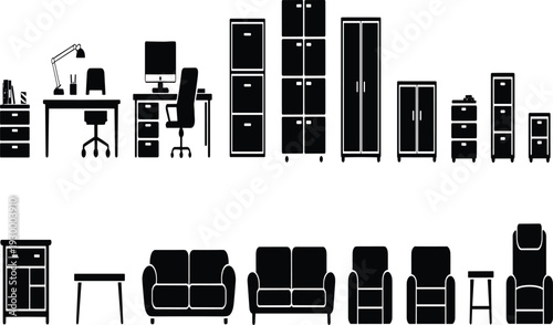 Collection of black silhouette icons featuring office furniture, storage units, and living room pieces arranged in grid format for interior design, decoration, and organizational planning projects