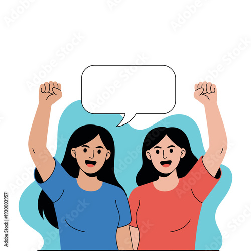 Two smiling women raise their fists in solidarity, ready to communicate their strong opinions.