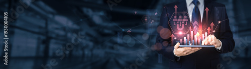 Businessman using a tablet for analyzing lead generation data and information, customer acquisition, sales funnel, marketing strategy, business growth, digital campaigns.