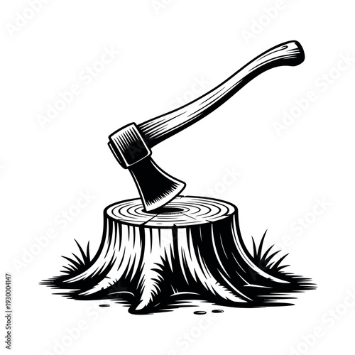 Woodman's axe firmly embedded in the cut surface of a freshly chopped tree stump.