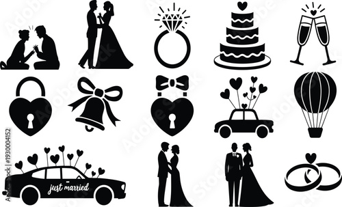 Romantic wedding and love silhouette icons collection featuring couples, rings, cakes, champagne, balloons, and celebration elements perfect for marriage, engagement, and romantic stock illustrations