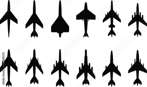 Set of Twelve Different Aircraft Silhouettes Vector Illustration Isolated on White Background for Design